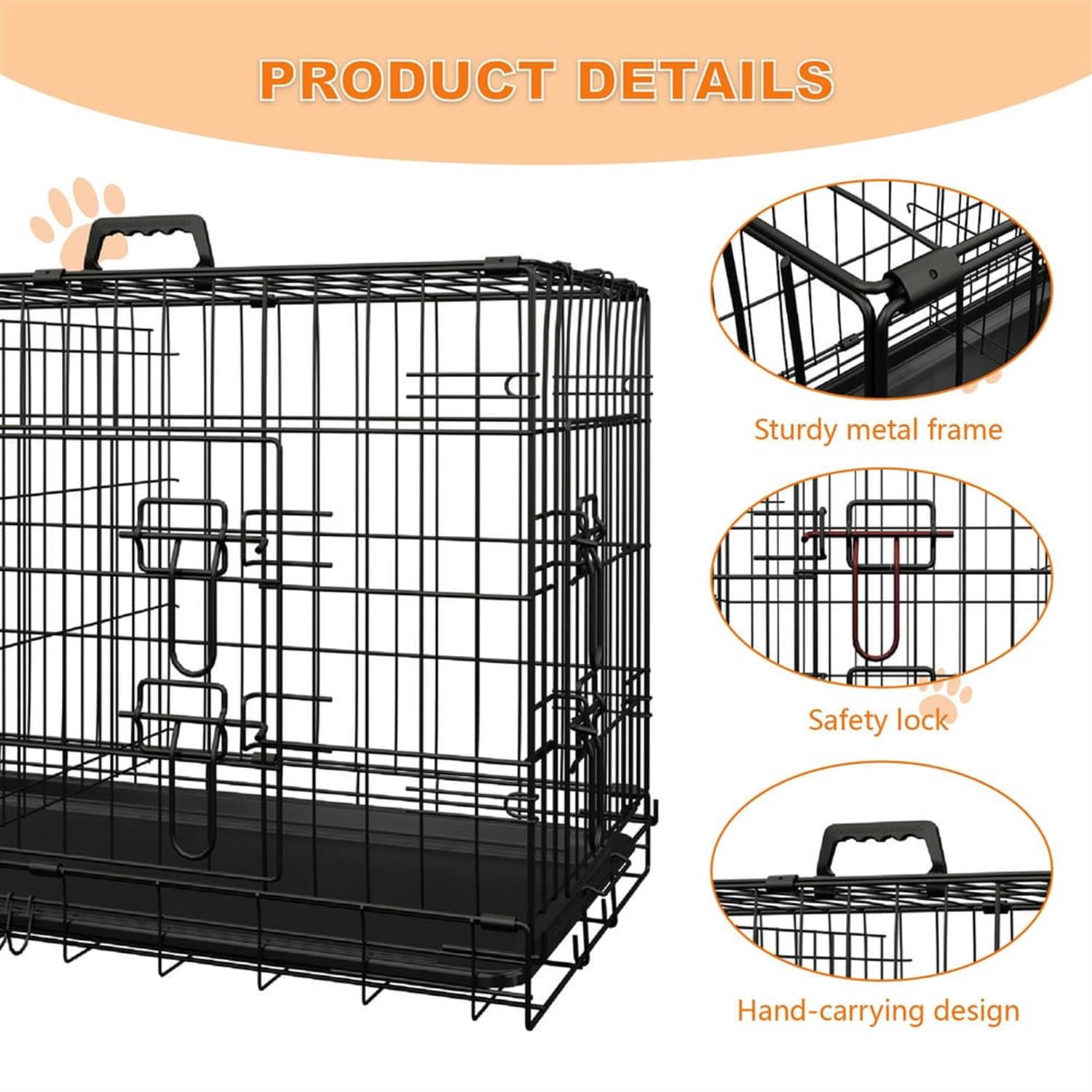 Finihen 42" Large Dog Cage with Divider and Plastic Leak-Proof Pan Tray, Double Door Folding Metal Wire Dog Crate for Indoor, Outdoor, and Travel, Black