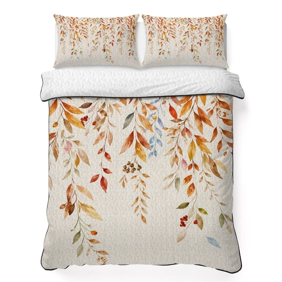 Twin Quilt Bedding Set, Watercolor Leaves on Burlap Soft Microfiber Summer Bedspread Coverlet with 2 Pillow Shams for All Season, Botanical Foliage Berry Breathable Bedding Set for Hot Sleepers