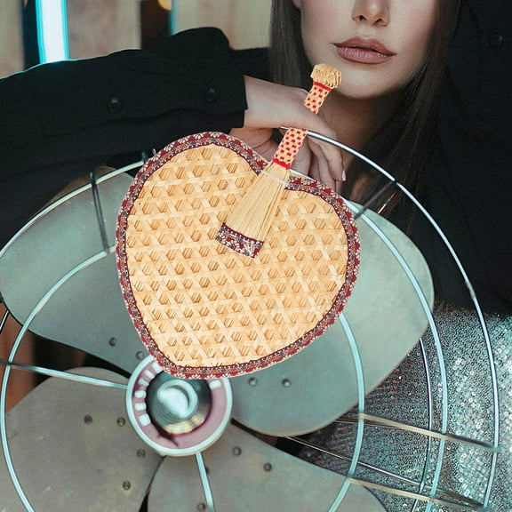 FRCOLOR Handmade Rattan Fan Heart-Shaped Handheld Fan With Red Cloth Edge Wheat Straw Hand Fans For Summer Cooling Baby Fan Wall Decor