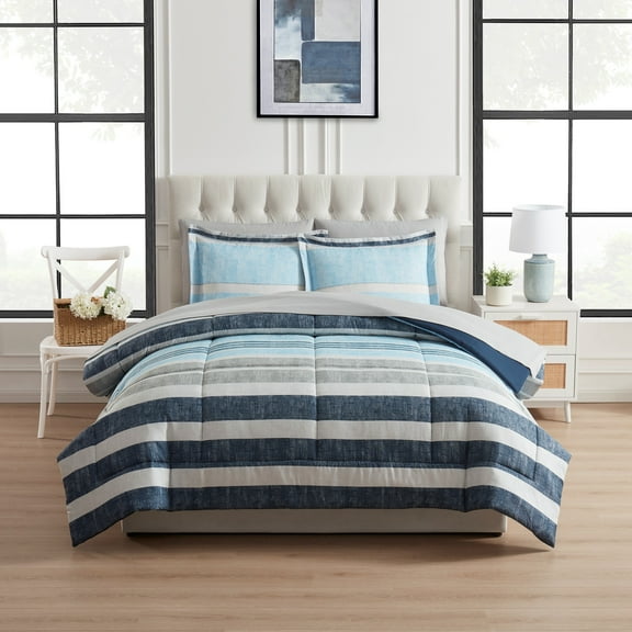 Mainstays All in One Reversible Comforter and sheet set- 7 Piece, Queen, Blue Stripe