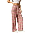 thumbnail image 2 of Women's Plaid Straight Leg High Waist Casual Pants, Polyester Pocket Loose Long Trousers, Fashion Summer Bottoms for Daily Shopping Home | TruHer,Pink Free Size, 2 of 7