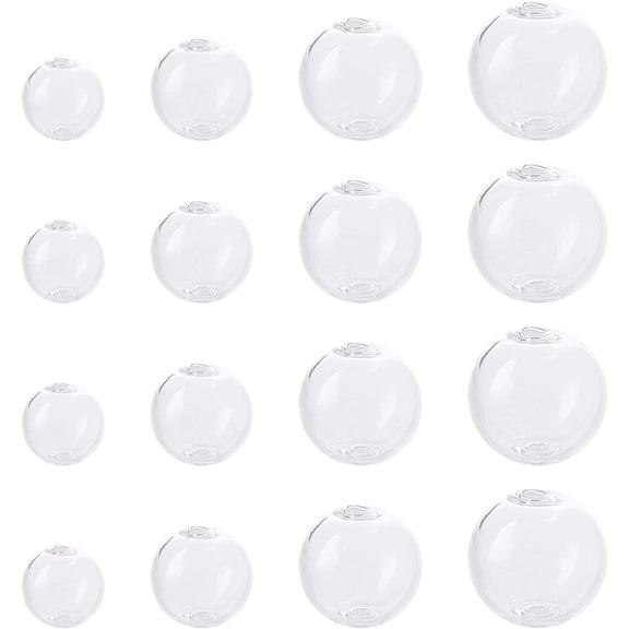 1Box 32pcs 4 Sizes Mini Glass Globe Bottle, 10/12/16/18mm Round Clear Ball Charms Double Hole Wish Ball Pendants for DIY Necklace Pendant Earring Jewelry Craft Making