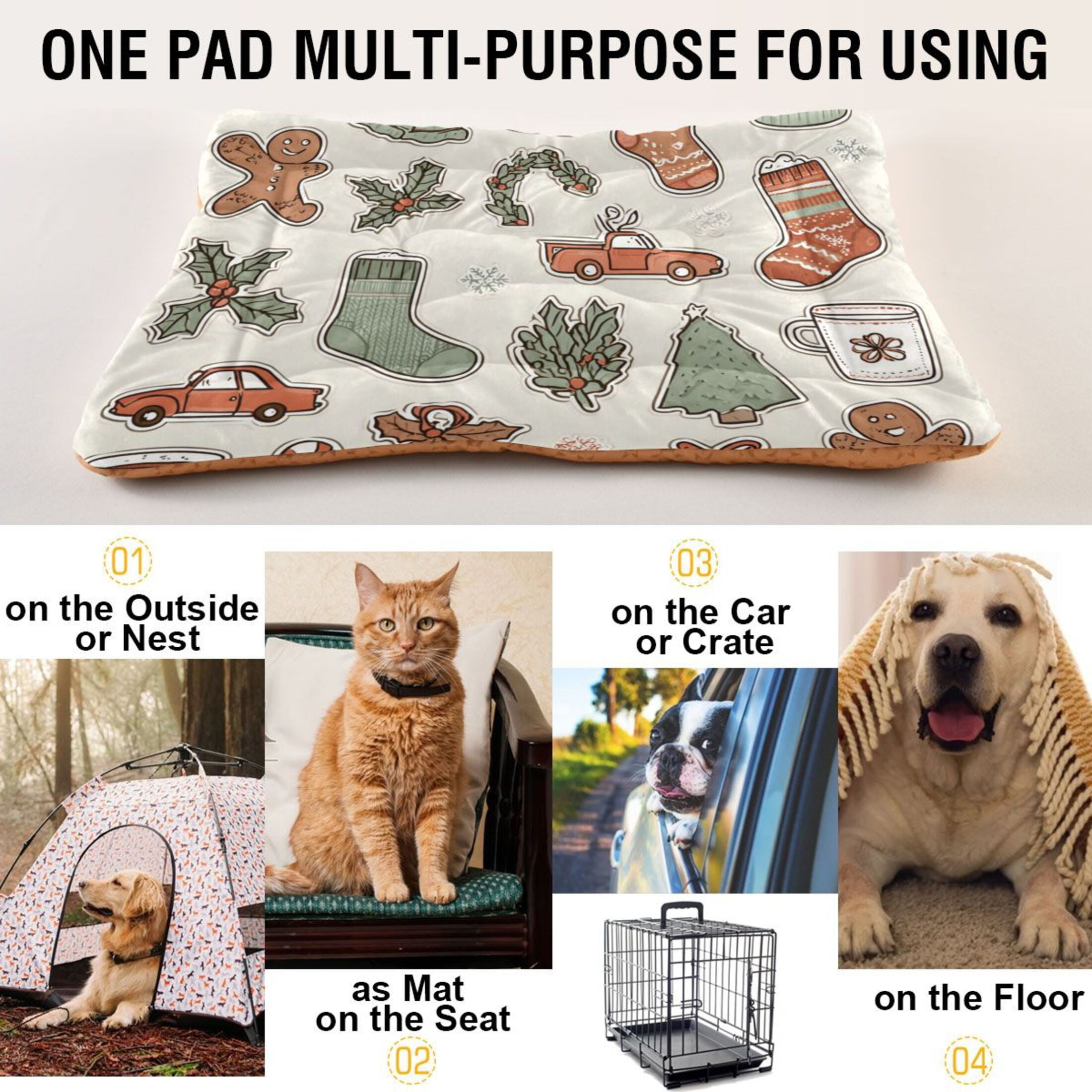 Cozy Mat Pet Bed Indoor Outdoor Warm Soft For Cat Dog Puppy(S/M) Gingerbread Cookies