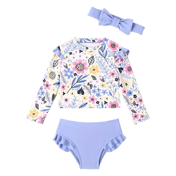 Splozh Toddler Girls Rash Guard Swimsuits Set Comfortable Soft Two Piece Swimsuit for Girls with Headband Flowers Long Sleeve Swimsuit Light Purple,18-24 Months