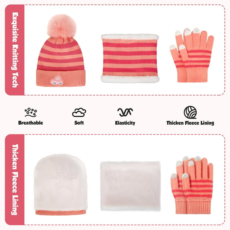 Vbiger Kids Winter Hat Gloves Scarf Set for Girls Boys, with Pom Knit Neck  Warmer Mittens Fleece Lined Set - Pink