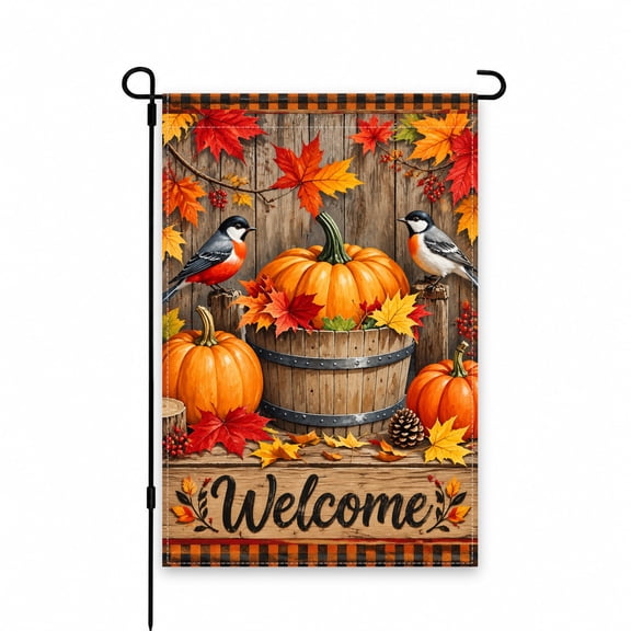 Autumn Garden Flag 12 x 18 Inch, Fall Harvest Yard Flag with Orange Pumpkins, Colorful Maple Leaves and Birds on Rustic Wood Background for Outdoor Garden, Lawn, Patio and Porch Decor