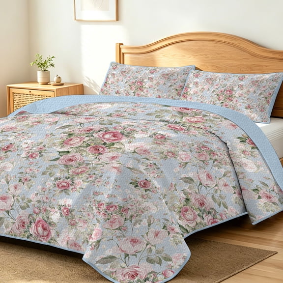 FIVERAM Pink Rose Quilt Set King Size,3 Piece Bedspread for King Bed,Lightweight Coverlet Bedding Set with Pillow Shams for Dorm Bedroom Guest Room