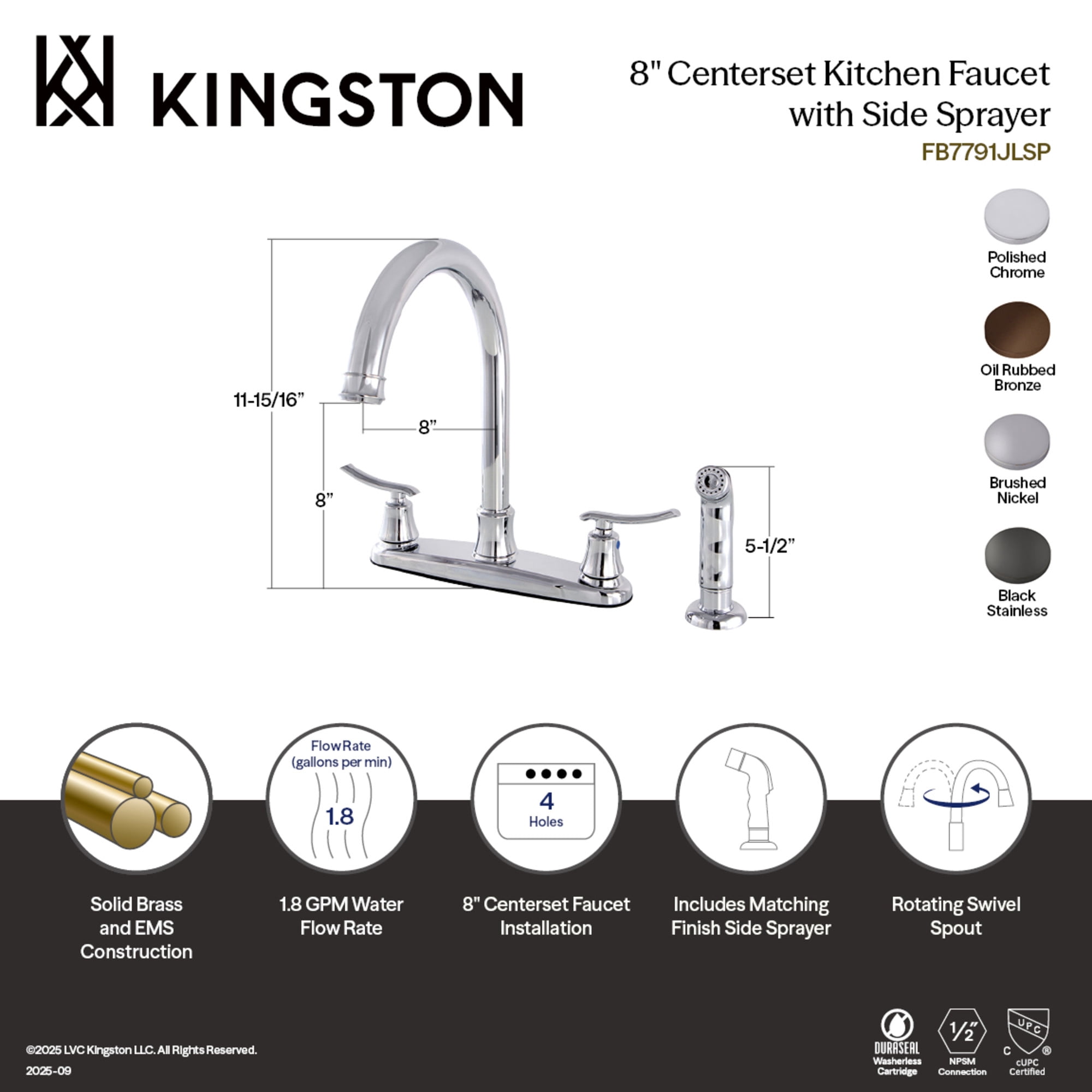 Kingston FB7795JLSP Jamestown Two-Handle 4-Hole 8" Centerset Kitchen Faucet with Side Sprayer in Oil Rubbed Bronze