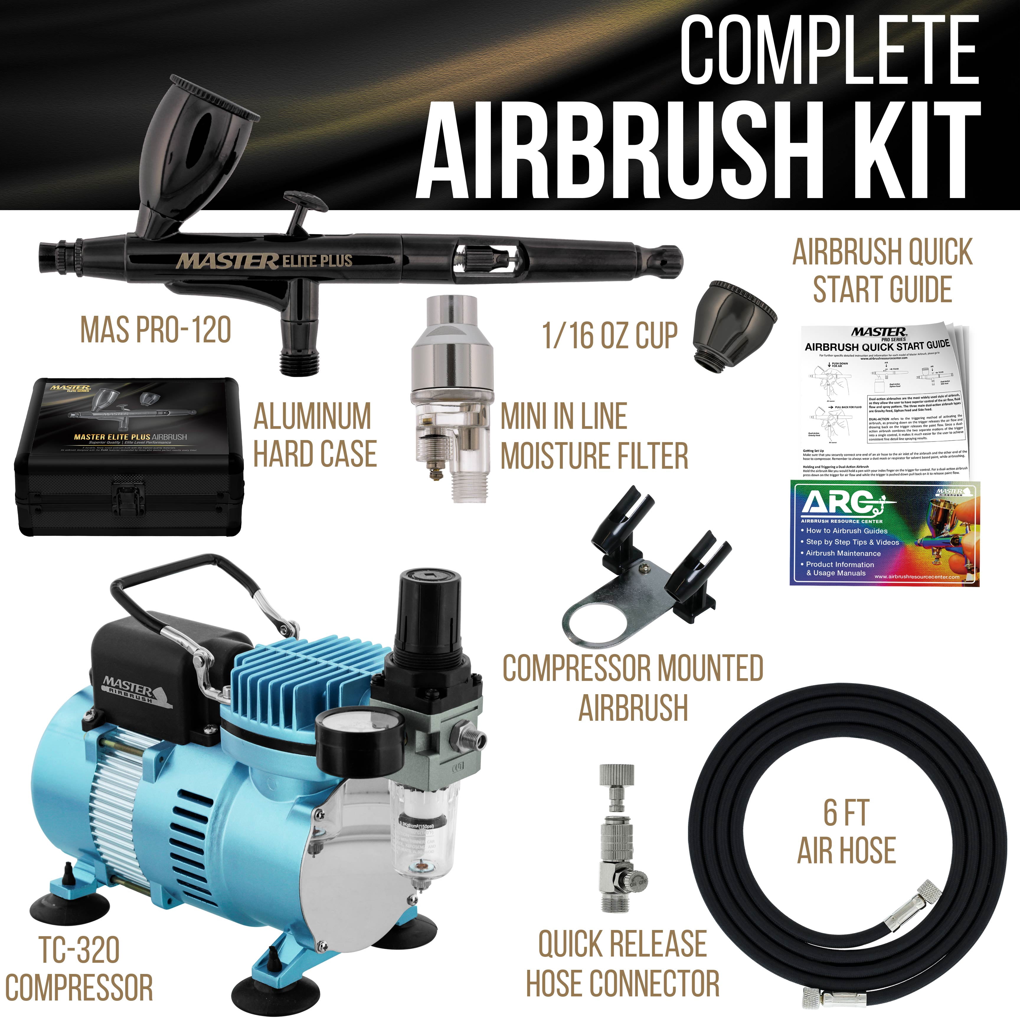Master Airbrush Cool Runner II Dual Fan Air Compressor System with Compressor with Master Elite Plus Elite Level Performance Airbrush Set, Case, Dual-Action, 0.3mm Tip, 2 Cups, Hose, Holder, Filter