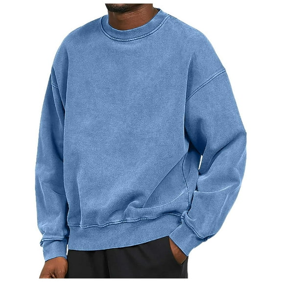 XAOWF Men'S Casual Solid Color Sweatshirt Vintage Wash Round Neck Loose Fit Drop Sleeve Stylish Pullover Street Style 2025 Autumn Comfort Breathable Tops
