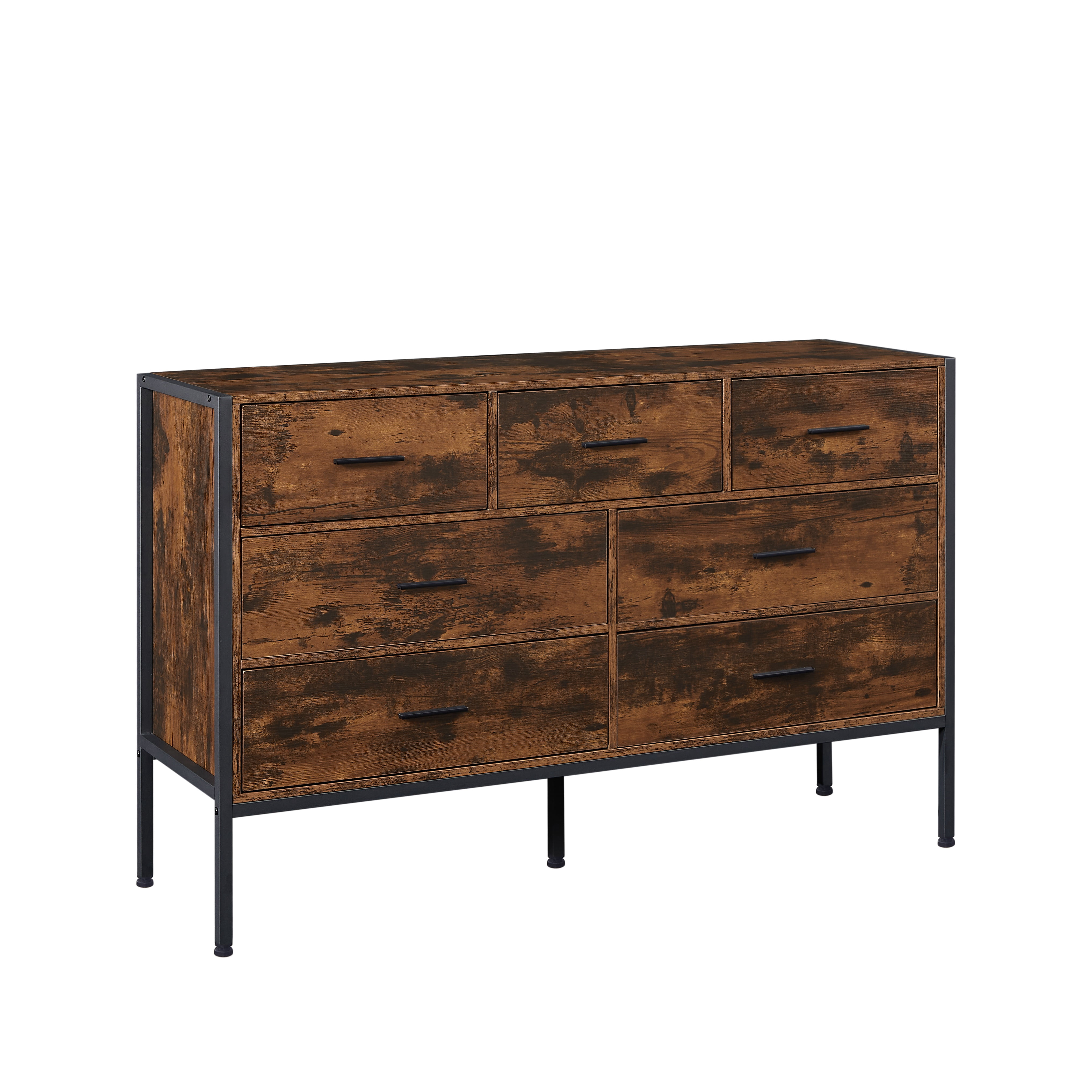 PORKISS 7 Drawer Dresser, Wood Chest of Drawers, Industrial Style Horizontal Dresser for Bedroom, Solid Clothes Storage Cabinet with Sturdy Steel Frame, Wooden Dresser Organizer, Brown