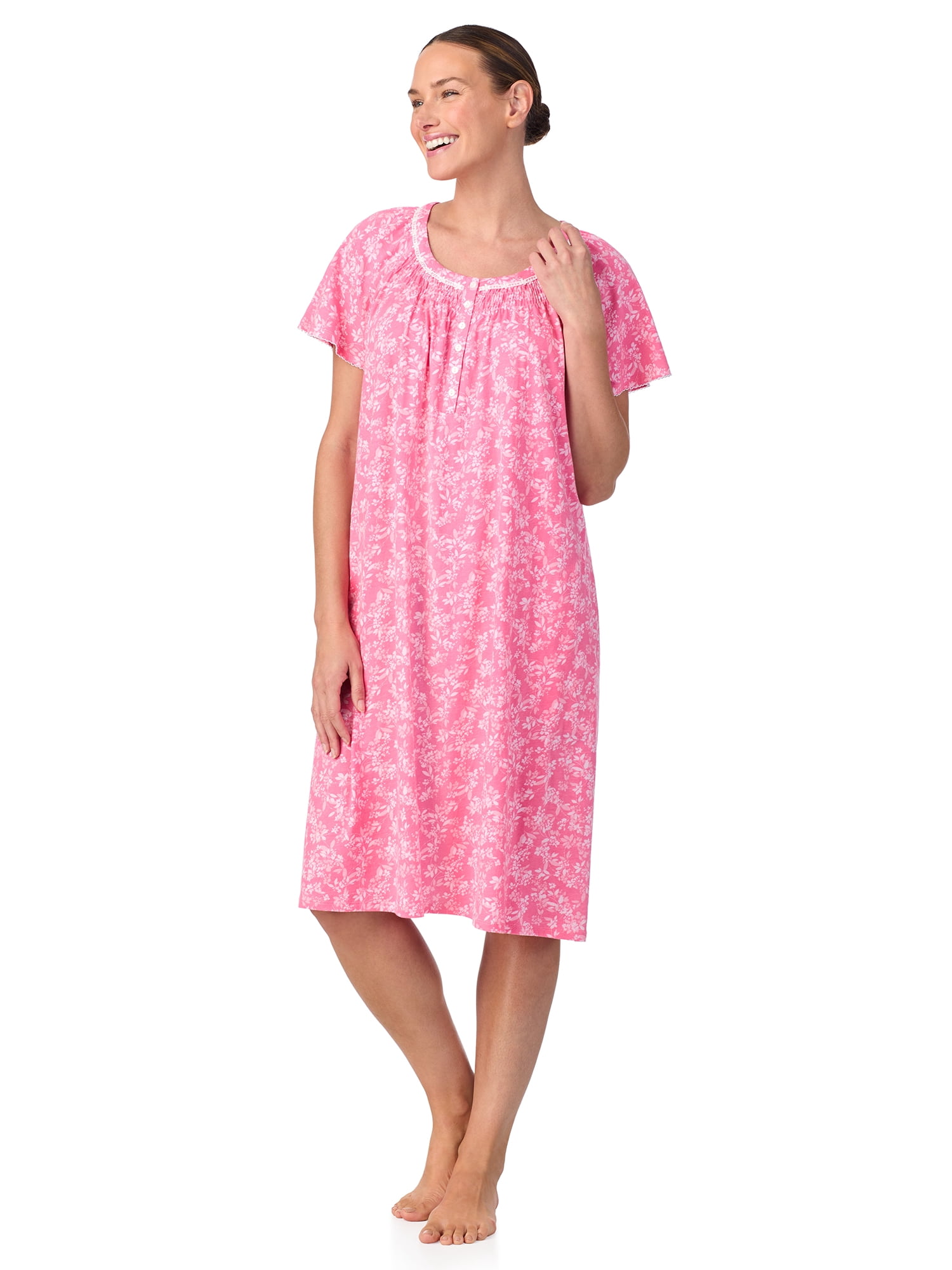 Aria Women's 100% Cotton Raglan Sleeve Smocked Neck Sleepwear 40" Gown, Sizes XS-5X