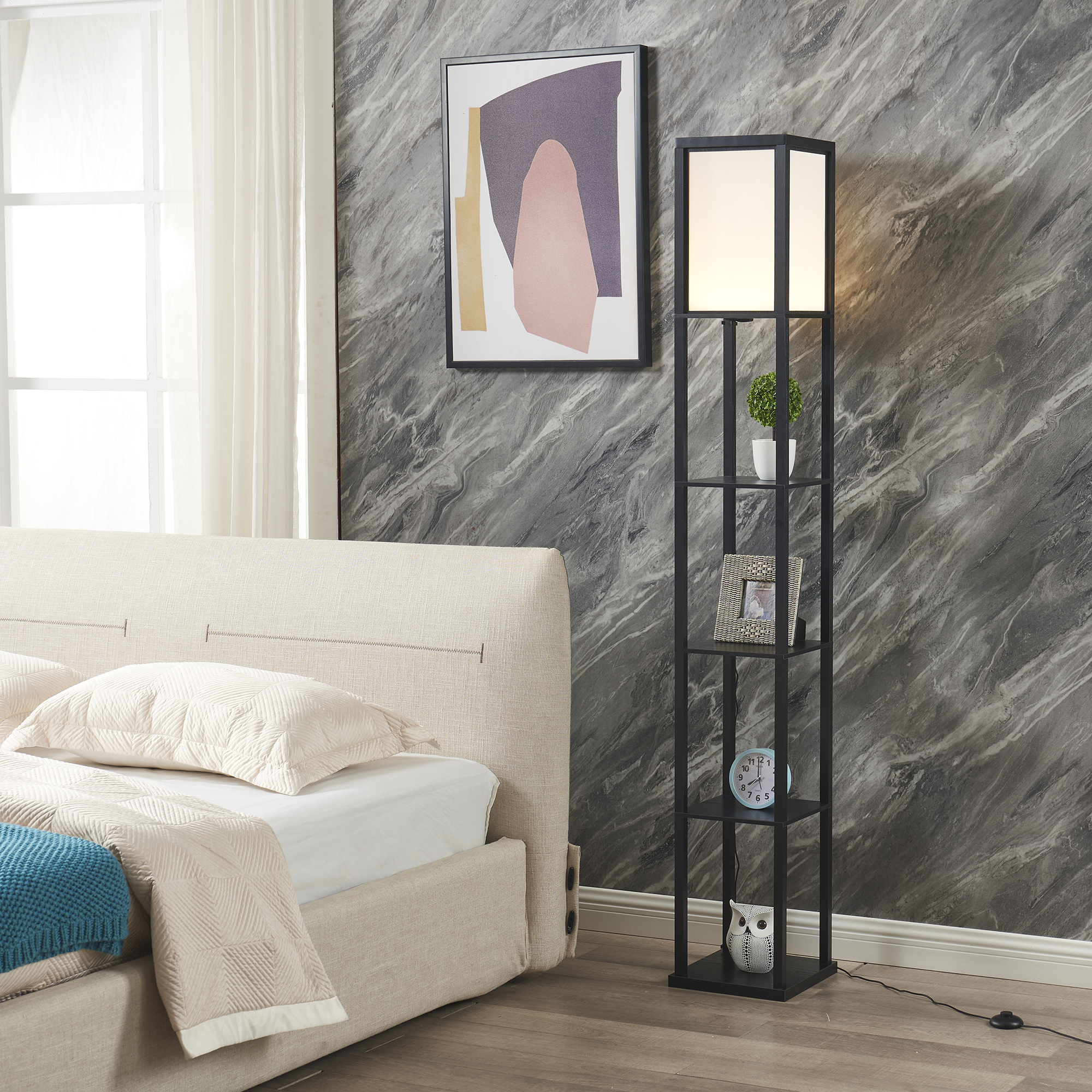 ATAMIN Alvin Floor Lamp with Shelves, Dimmable LED Standing Lamp Shelf, Black