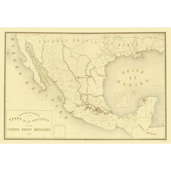 Historic Map - Mexico Railroads - Hermanos 1890 - Vintage Wall Art
