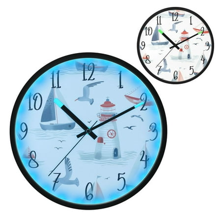 Voice Controlled Luminous Clock LED Night Light 12 Inch Silent Wall Clock Suitable for Bedroom and Living Room Home Decoration Blue Sailing Lighthouse