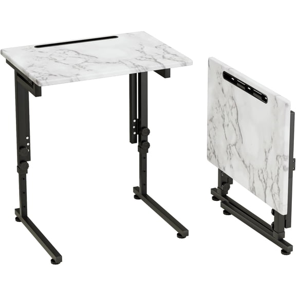 TV Tray, Folding TV Dinner Table, Adjustable Small C-Shaped End Tray for Eating, Foldable Slide Under Couch Side Table for Recliner, Living Room, Bedroom,No Assembly Required(White Marble)