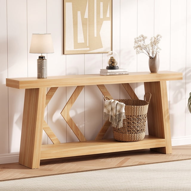 70.9 Inch All-Wood Console Table, Ultra-Stable Trapezoid Leg Sofa Table Behind Couch, 2-Tier Extra Long Entryway Table for Hallway, Living Room, Narrow Foyer, Oak