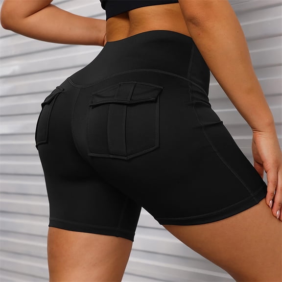 Maqroz Women's High Waisted Biker Shorts with Cargo Pockets Tummy Control Yoga Workout Shorts Spandex Running Bottoms Black,M