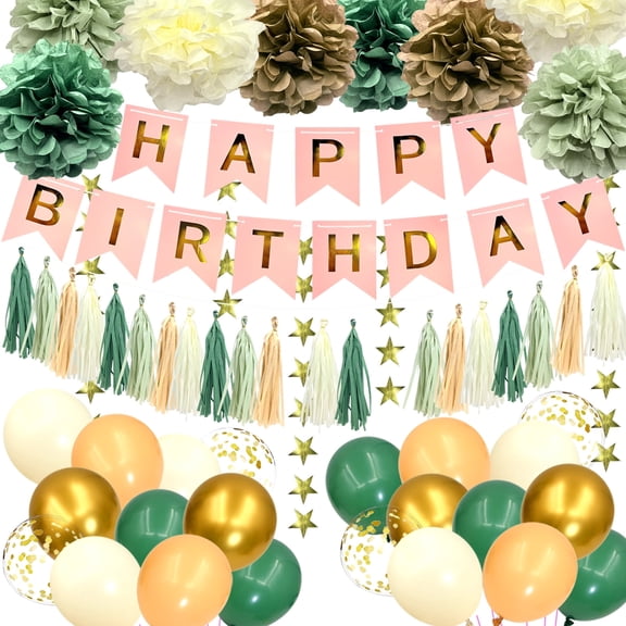 Sage Green Birthday Party Decorations Set for Women, Happy Birthday Banner Tissue Pompoms Paper Tassel Circle Garland Star Garland Ribbon Balloons Kit