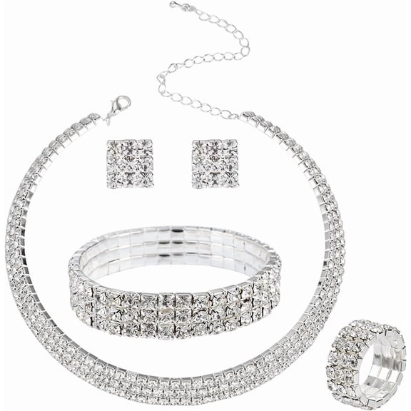 2-5 Row Crystal Rhinestone Choker Necklace Earrings Bracelet Ring Jewelry Set perfect for Bridal Wedding[h188]