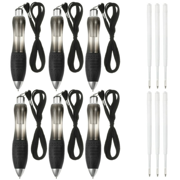 6 Pcs Uxcell Big Fat Pens, Black Heavy Weighted Ballpoint Pen Retractable Wide Grip Thick Pen with Strap for Hand Tremors Elderly Handicap(6 Blue Refills)