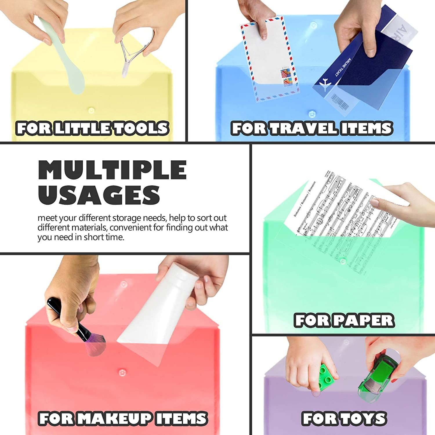 12 Pack Plastic Envelopes Poly Envelopes,A4 Clear File Bags Document Folders Document Organizers with Snap Button for Document Stationery Tools Organization, in 6 Assorted Colors