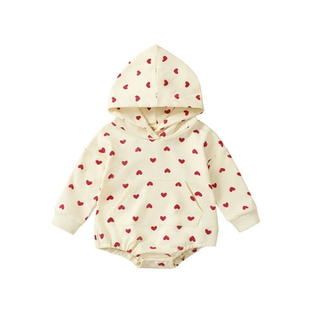 

sdghg Baby Valentine’s Day Romper Cute Heart Print Long Sleeve Hooded Bodysuit One-Piece Outfit