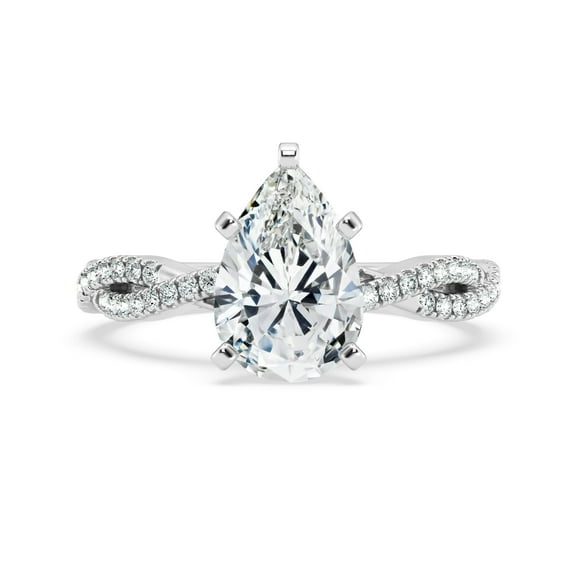 Veda Jewelry Twisted Shank Moissanite Ring - Moissanite 1.48 Ct Pear Solitaire Engagement Ring - 14K White Gold Plated Stylish Moissanite Jewelry for Women - Designer Rings for Special Occasions