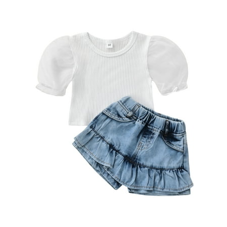 

Suanret 2Pcs Toddler Baby Girls Summer Outfits Patchwork Bubble-Sleeve Blouse + Frill Denim Shorts Clothes Sets White 3-4 Years