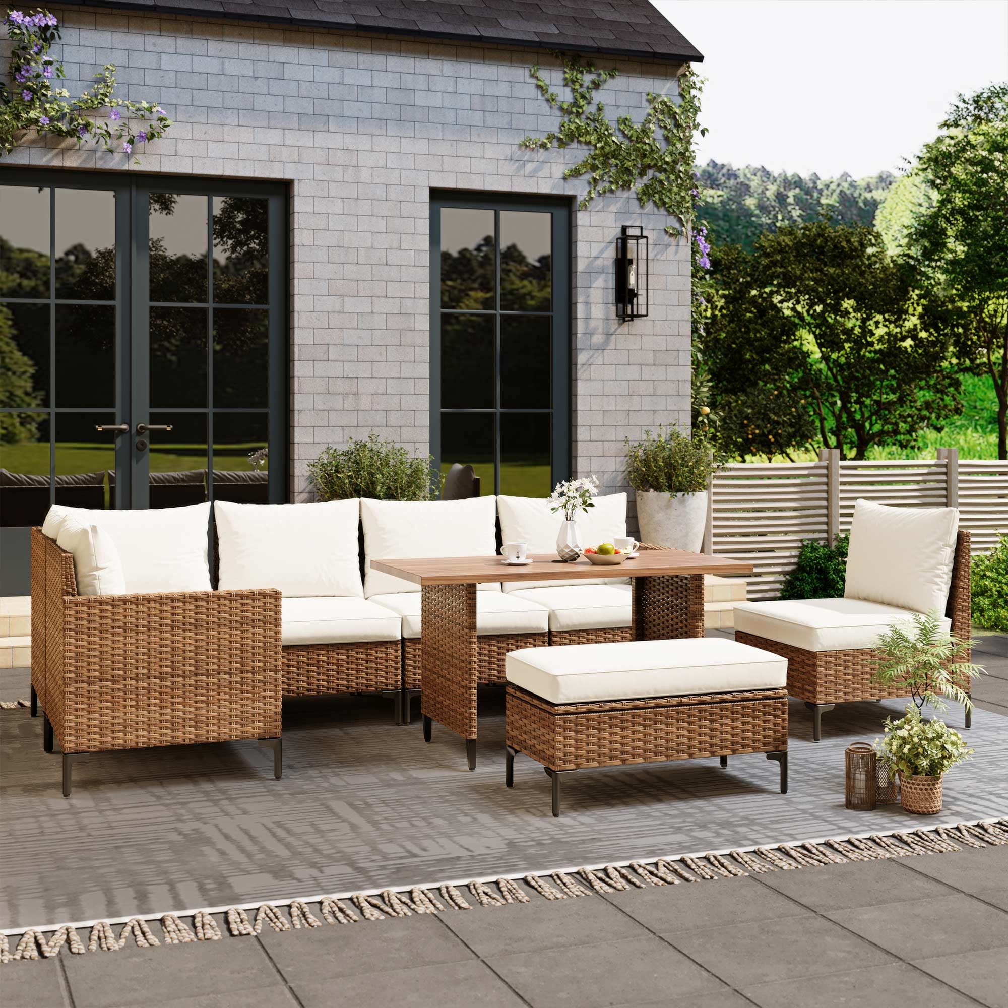 LAUSAINT HOME 8-Piece Patio Furniture Set, Outdoor Wicker Conversation Set with Adjustable Backrest & Storage Ottoman, Beige Cushions