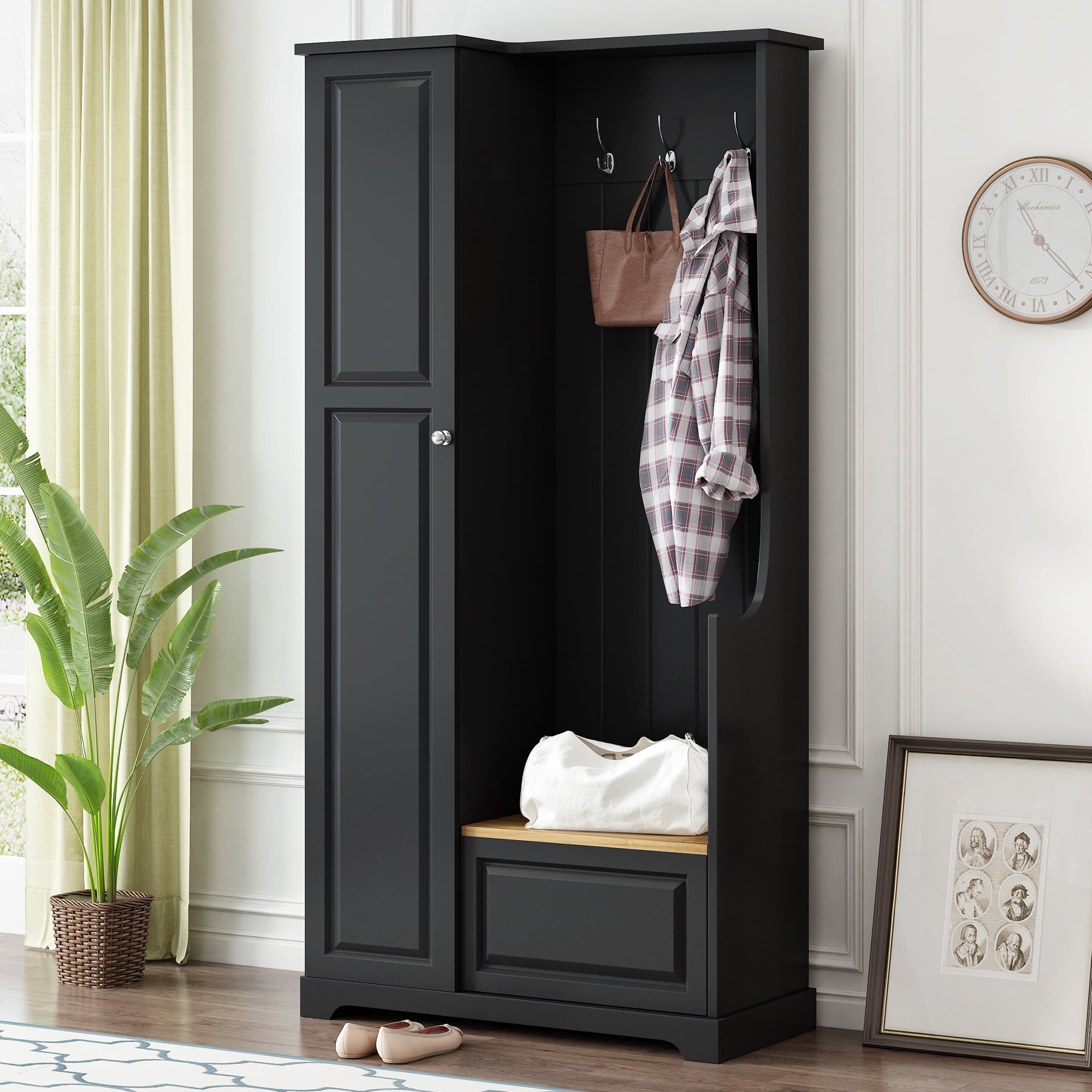 Leumius Hall Tree with Flip-Up Bench, Minimalist Hallway Shoe Cabinet with Adjustable Shelves, Multifunctional Furniture with Hanging Hooks for Entryways, Mudroom, Black