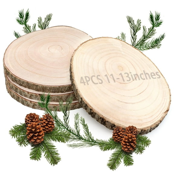 ZYNERY 4 Pcs Large Wood Slices 11-13 Inches Unfinished Wood Rounds, Natural Paulownia Wood Slices for Centerpieces, Wood Pieces Decoration with Bark, Wood Circles for Centerpieces for Painting