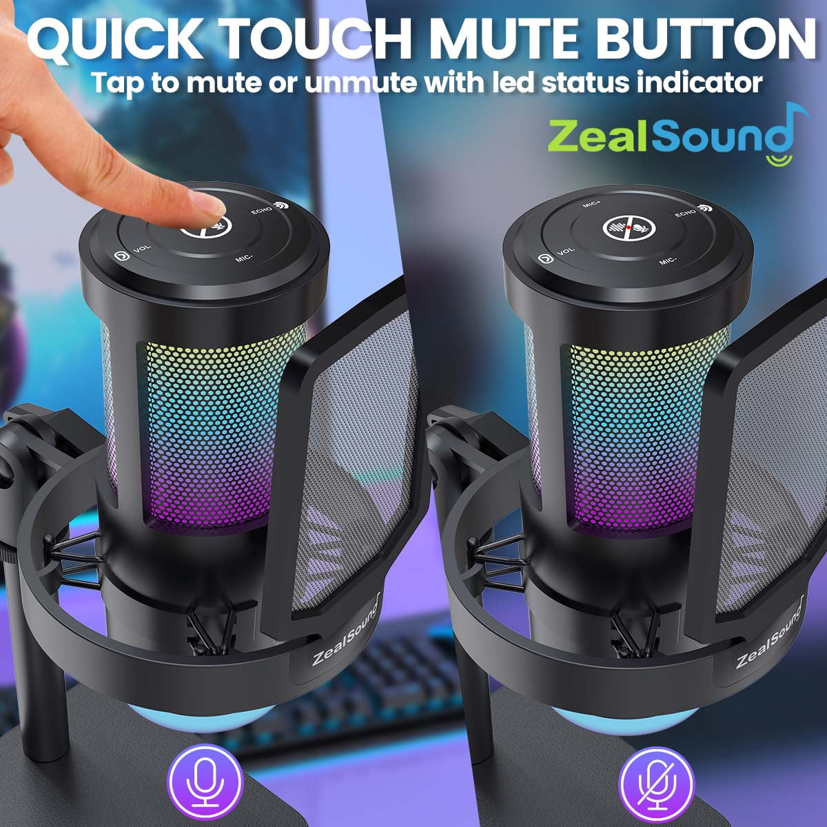 ZealSound Gaming USB Microphone with RGB Light, Noise Cancelling, Echo and Mute Control, Plug & Play Condenser Mic for PC, Streaming, Podcast, and Recording on Mac & Window