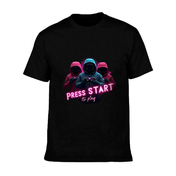 Men's Cotton Short Sleeve T-Shirt with Neon Graphic of Hoodie Figures - ' PRESS START to play ' Design in Blue and Pink