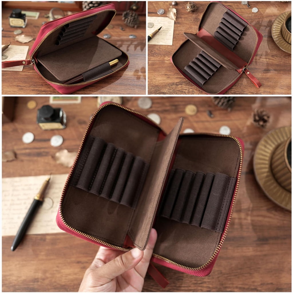Traditional Fashion Genuine Cattlehide Pencil Case With Multiple Compartment Thin Plan For Students