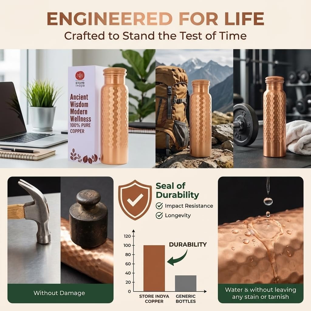 Store Indya 30 oz Copper Water Bottle with Handcrafted, Leak-Proof Lid