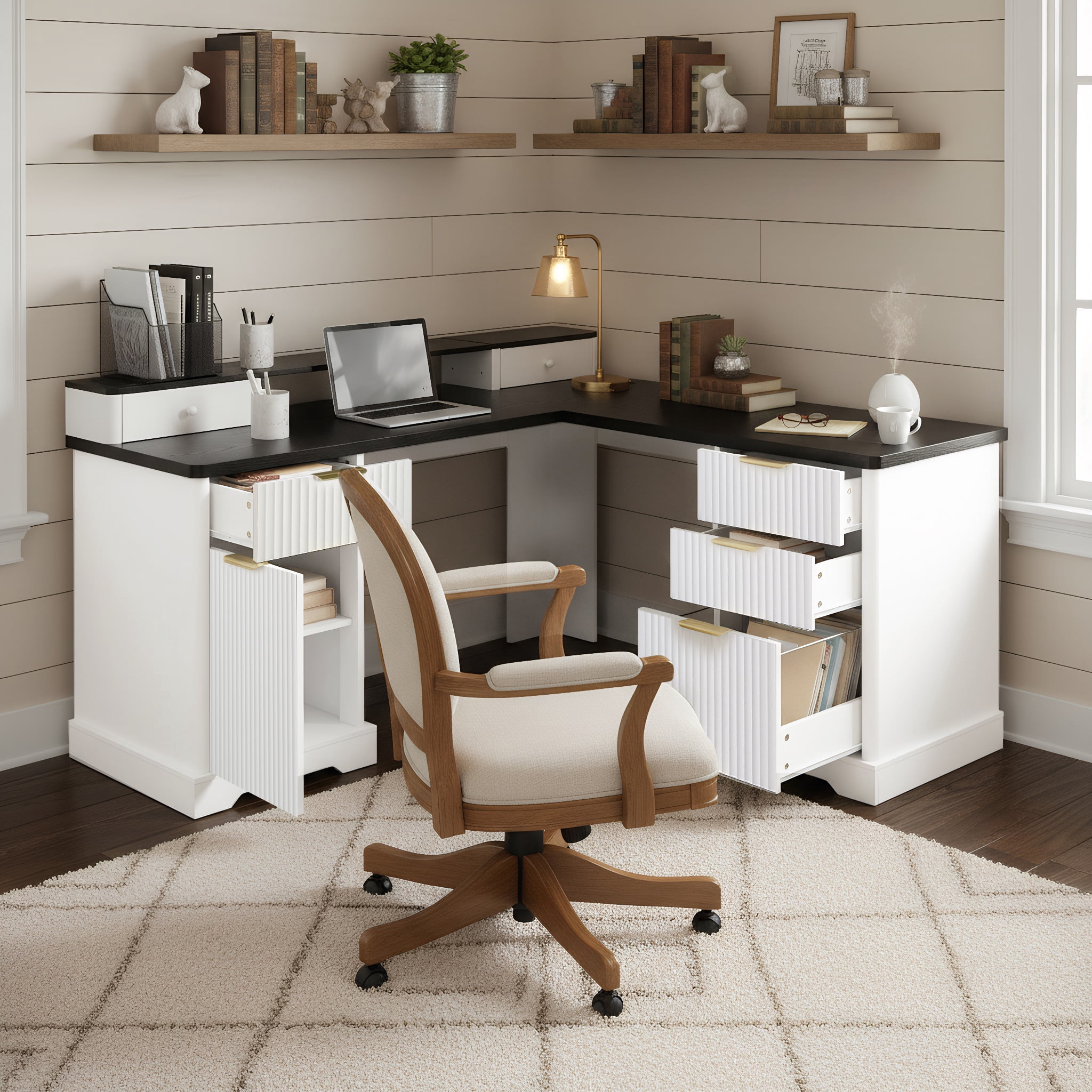 Mintazer 59" Modern Fluted L-Shaped Desk with Charging Station & Storage Drawers, Computer Desk with Monitor Stand & File Drawer for Study Living Room Home Office, White