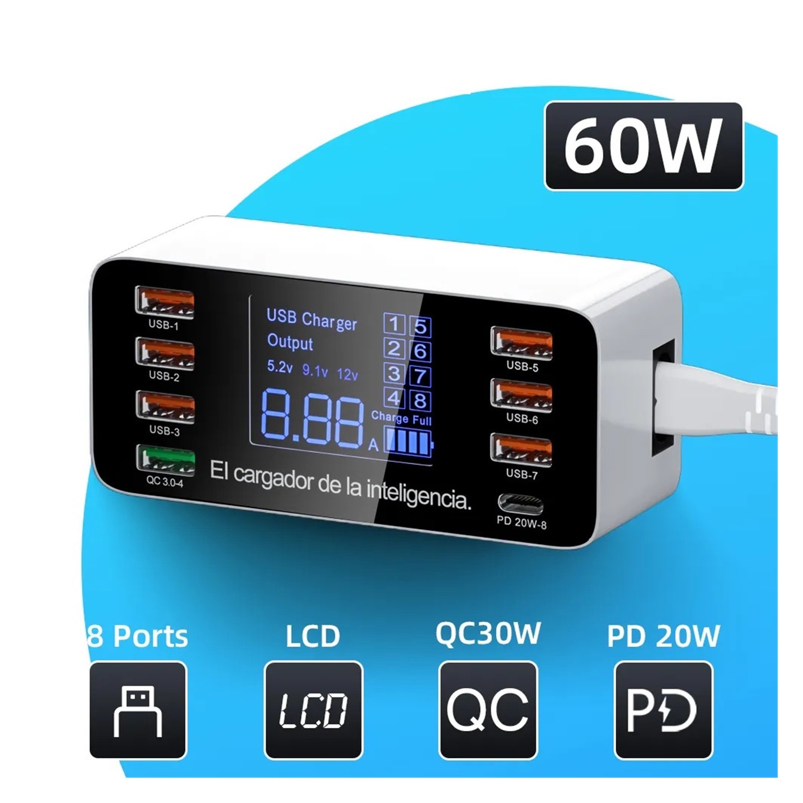 60W Quick Charge QC 3.0 4.0 USB Charger Adapter USB C Charger Phone Tablet Fast Charger ,Space-Saving