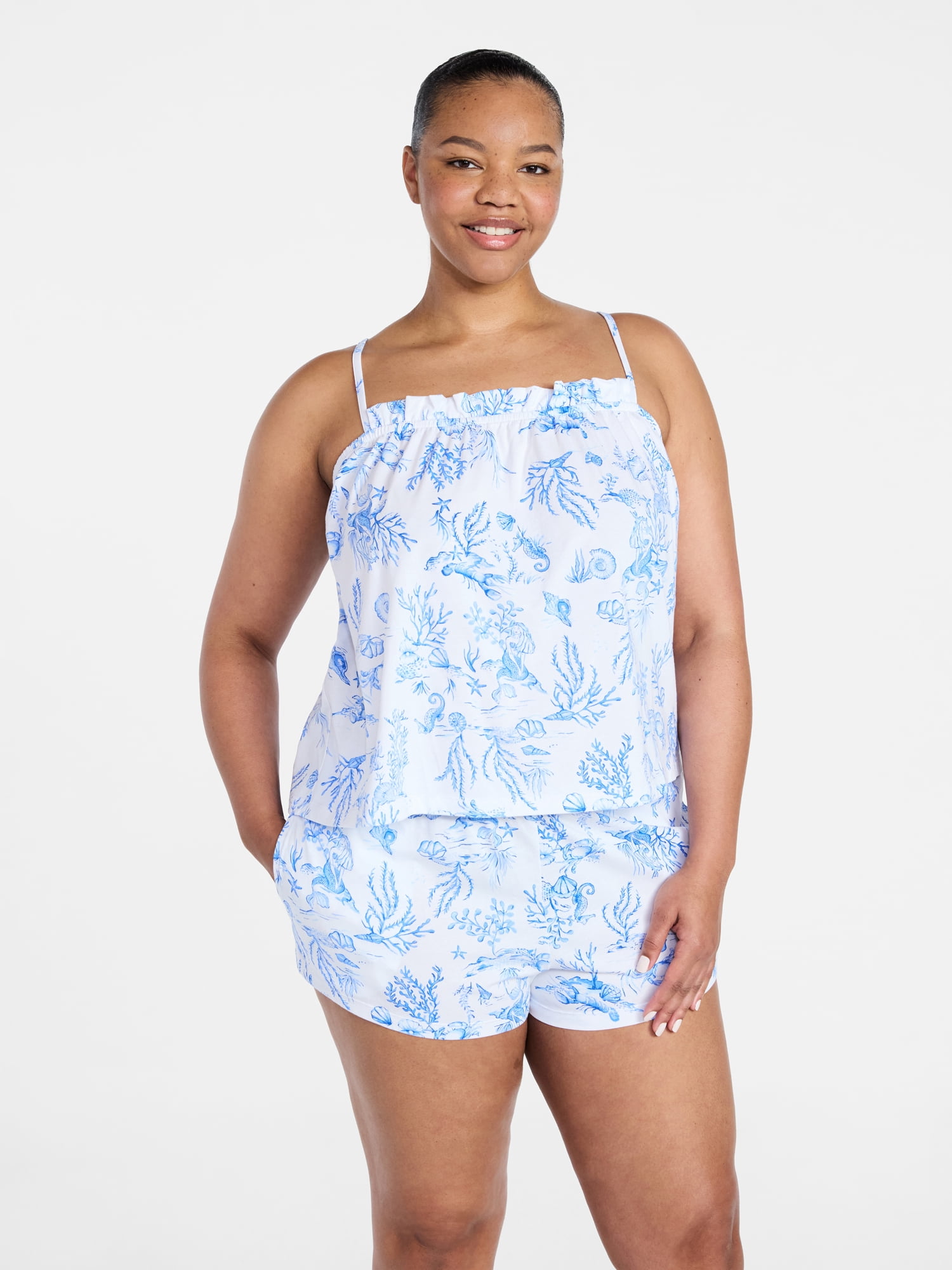 Joyspun Women's Cotton Ruffled Tank Top and Shorts Pajama Set, 2-Piece, Sizes XS-3X