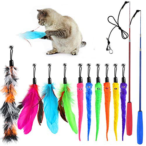Cat Toys Interactive Cat Feather Wand Kitten Toys 2pcs Retractable Cat Wand Toy & 7pcs Natural Feather Teaser Replacements with Bell Telescopic Cat Fishing Pole Toy for Indoor Kitty Old Cat Exercise 