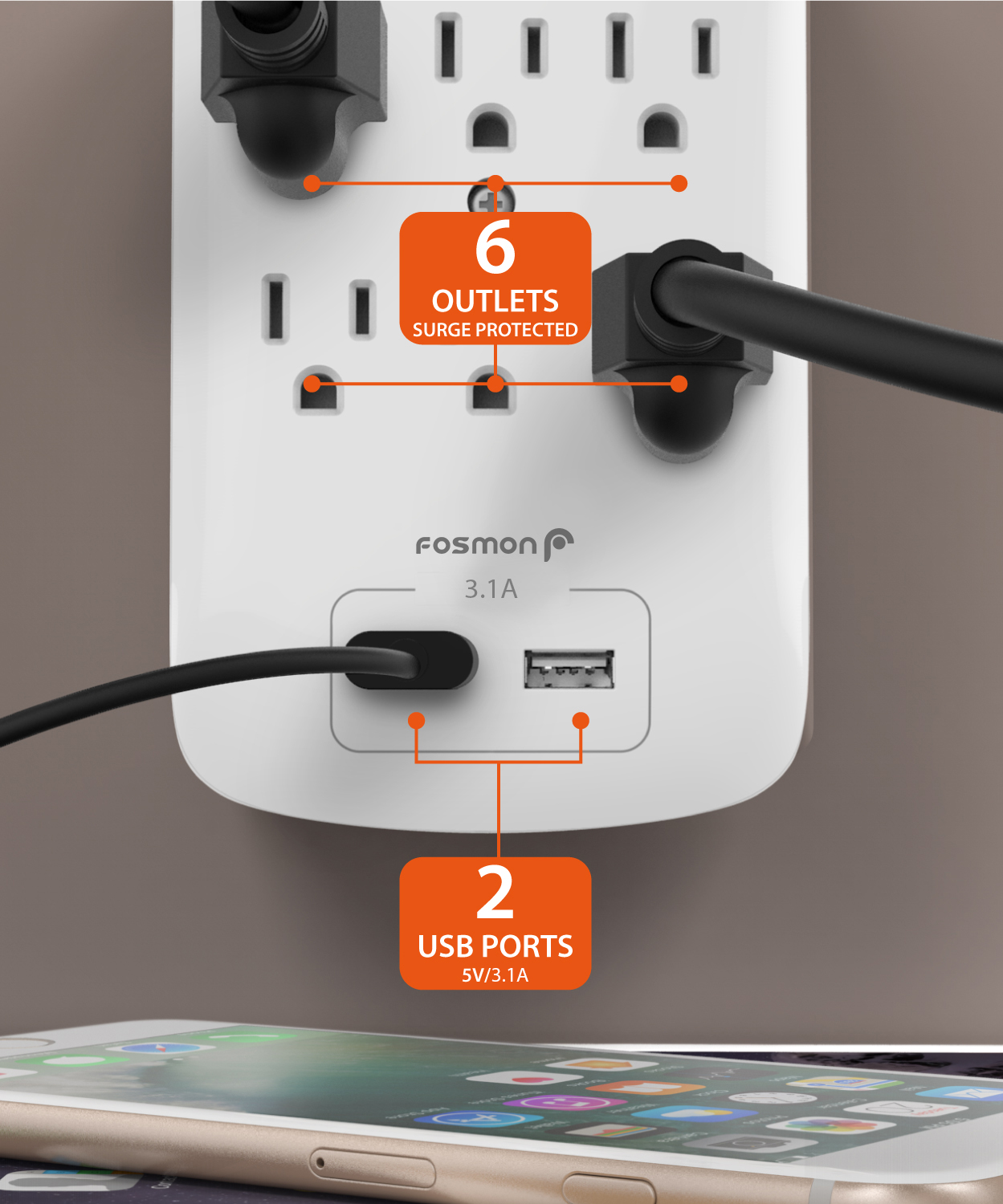 Fosmon 6 Outlet Surge Protector with 2 USB Ports photo 3
