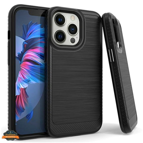 Xpression Case for Apple iPhone 13 Pro (6.1") Armor Brushed Texture Rugged Carbon Fiber Design Shockproof Dual Layers PC   TPU Protective Phone Cover [Black]