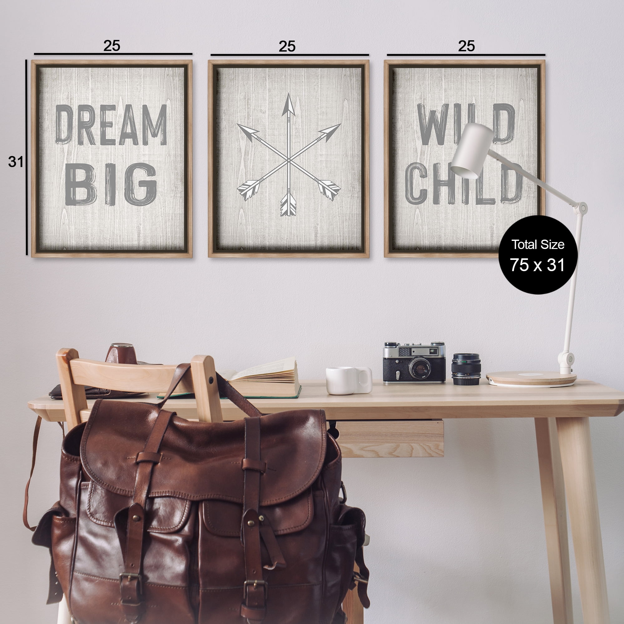 Stupell Industries Dream Big Boho Arrows Text & Numbers Painting Brown Floater Framed Canvas Art Print Wall Art, 25 x 31, Set of 3