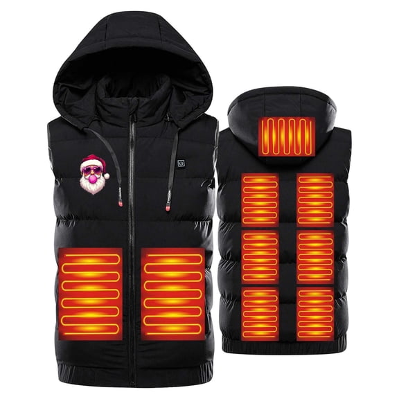 MELDVDIB Mens Heated Puffer Vest USB-Powered Electrical Heating Hooded Puffer Jackets with 9 Adjustable Heating Areas Christmas Print Warm Outdoor Winter Wear
