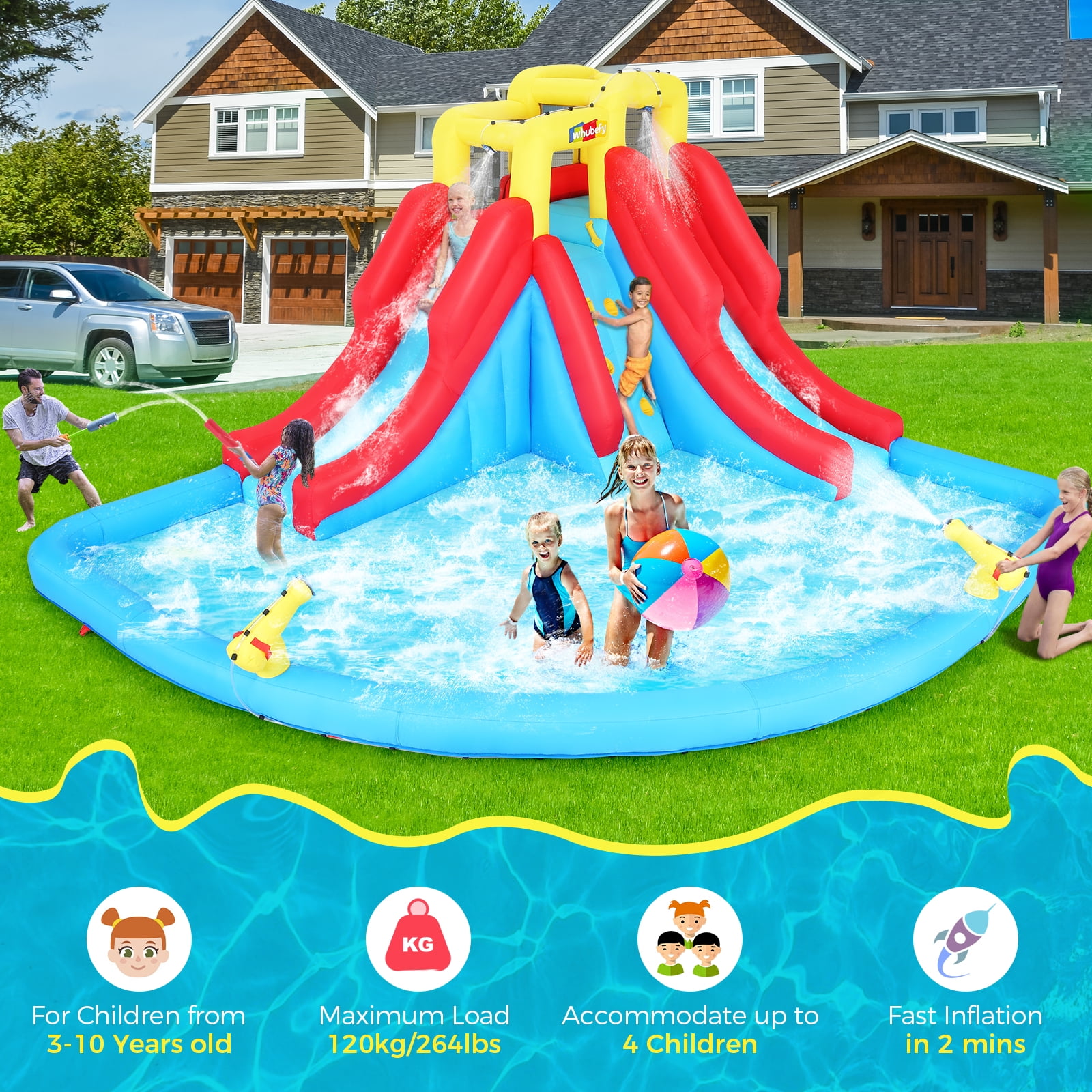 Veeboto Inflatable Water Slide with Splash Double Slide, Climbing Wall, Giant Water Play Ball Pool, 2 Spray Guns Kids Bouncy Castle, Outdoor/Indoor Bounce House, Backyard Water Slide Park