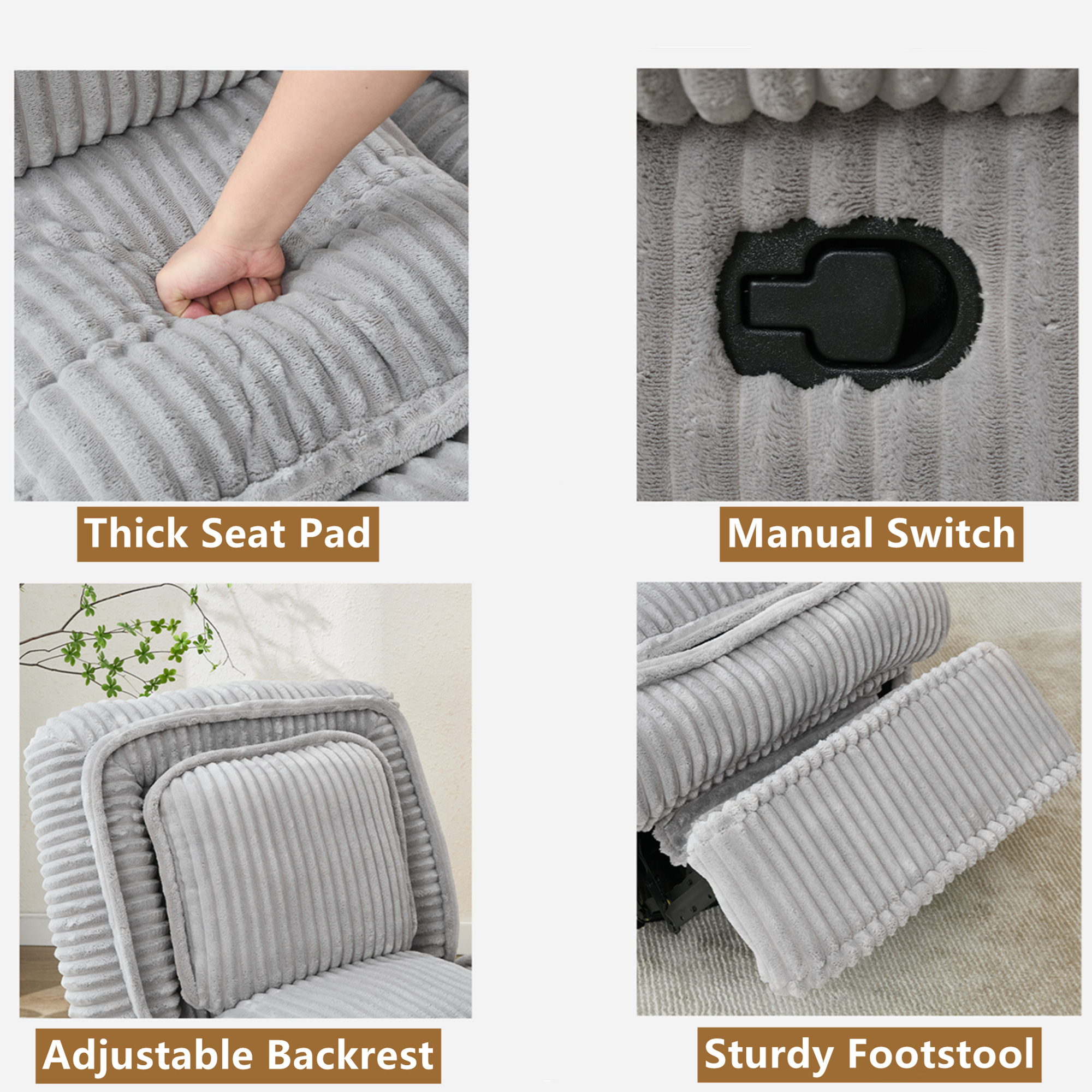 Aukfa Recliner Chair Swivel Rocker Glider with Deep Seat&Thick Pad for Living Room Nursery, Corduroy, Gray