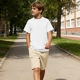 thumbnail image 3 of oelaio Boy's 2 Pieces Clothes Set Cotton Linen Summer Beach Outfits Short Sleeve Henley Shirts and Shorts Vacation Sets for Kids White 9 Years, 3 of 6