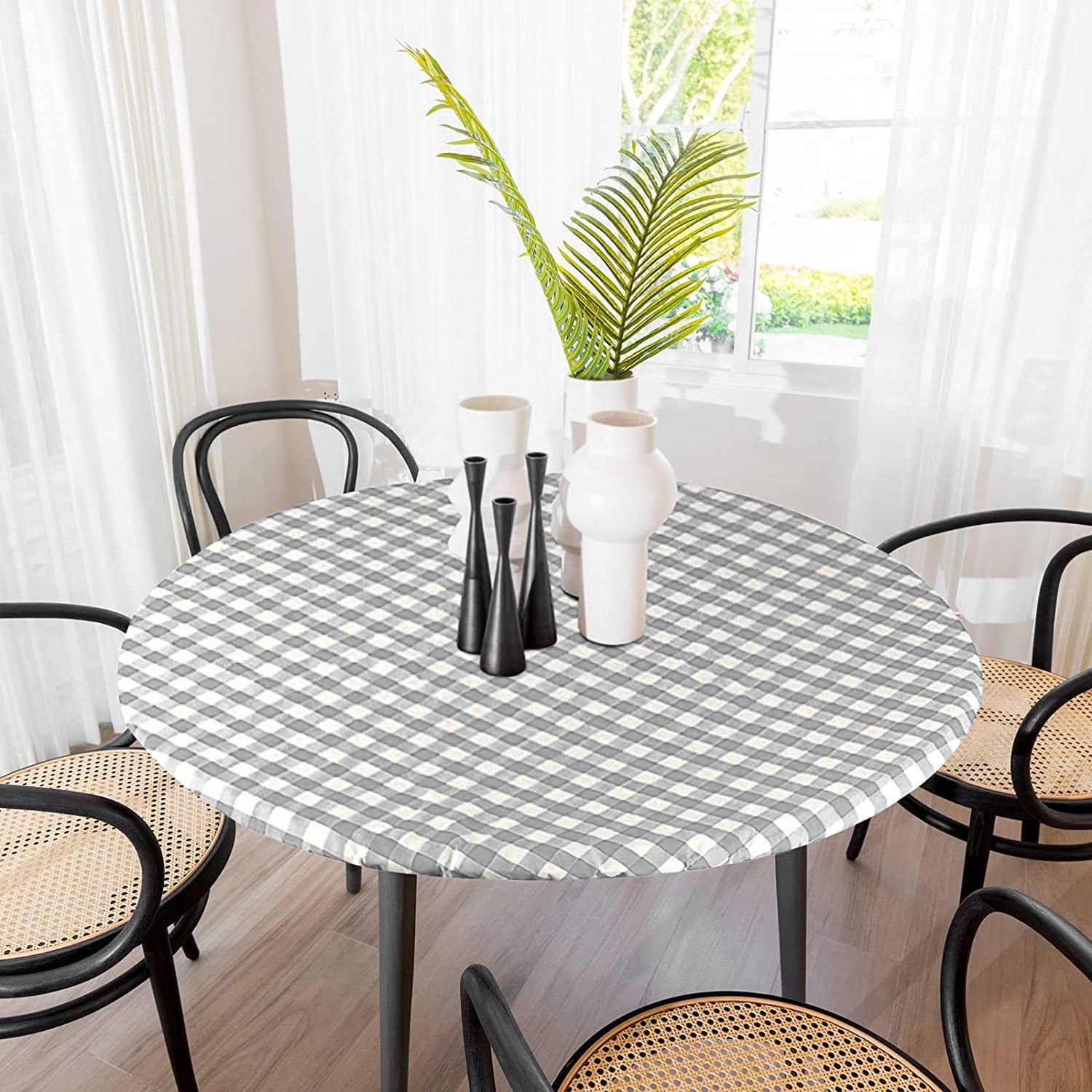Sorfey Round Picnic Table Cover Checkered Fitted Tablecloth, Gray 30" x
