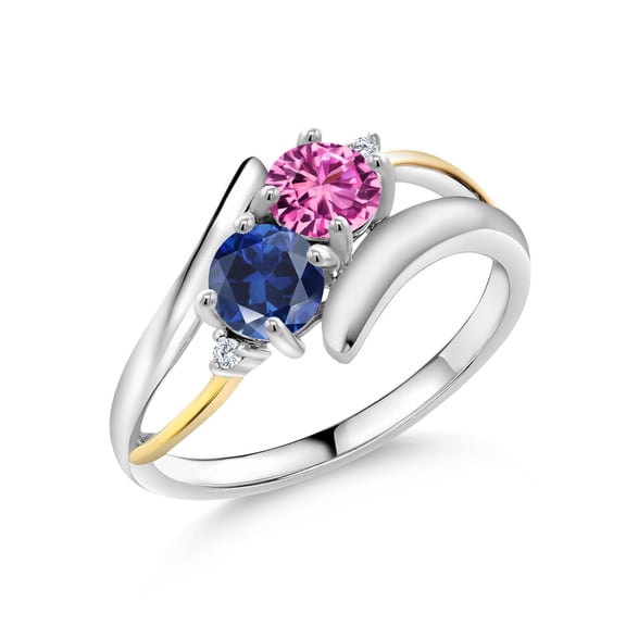 Gem Stone King 1.17 Ct Pink Created Sapphire Blue Created Sapphire 925 Silver and 10K Yellow Gold Lab Grown Diamond Two Stone Crossover Ring (Size 6)
