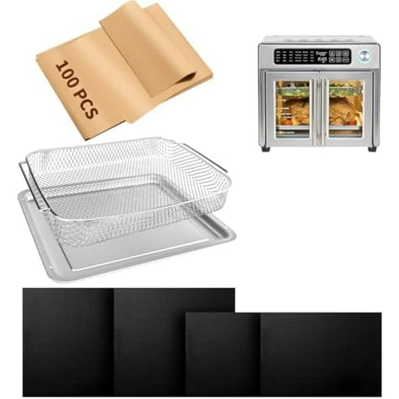 Air Fryer Accessories Compatible with Emeril Lagasse 26 Qt Extra Large, Baking Pans Set with Stainless Steel Baking Sheet Basket, Parchment Paper Teflon Mat for Oven$$Home Decor, Kitchen, & Other